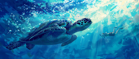 A turtle swimming in the ocean with a lot of bubbles  - obrazy, fototapety, plakaty