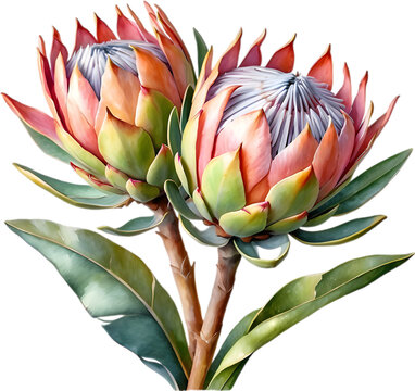 Watercolor painting of King Protea (Protea cynaroides) flower. 