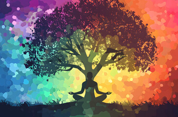 Silhouette of a person meditating under a tree, with vibrant colors representing each chakra, symbolizing energy flow. Visualize inner balance and well-being. copy space.