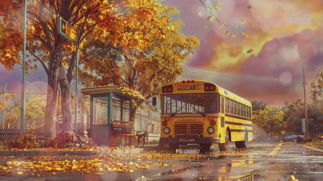 School bus parked at the stop. School buses stop working during school holidays. Cartoon painting illustration style. Seamless looping animated. Generative AI