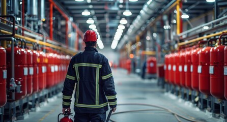 Man in Factory With Fire Extinguisher - obrazy, fototapety, plakaty