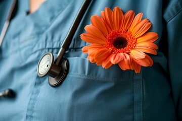 A bright gerbera daisy is tucked into the pocket of a nurse's teal scrubs, symbolizing care and appreciation, a fitting tribute for National Nurses Day - obrazy, fototapety, plakaty