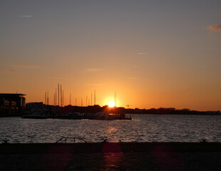 Beautiful sunset in the city harbor of Rostock (Germany)