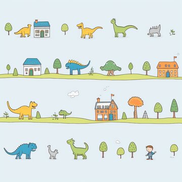 Vibrant watercolor dinosaurs wearing cute hats and scarves, roaming a prehistoric landscape
