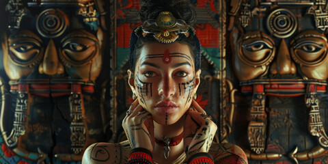 Obraz premium A woman in vibrant tribal attire poses with an intricate headdress, surrounded by ancient symbols and artwork