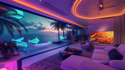 Obraz na płótnie Canvas A Jamaican retro-futuristic beachfront villa with reggae-inspired smart lighting