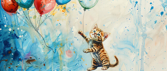 A watercolor painting of a kitten holding a bunch of balloons