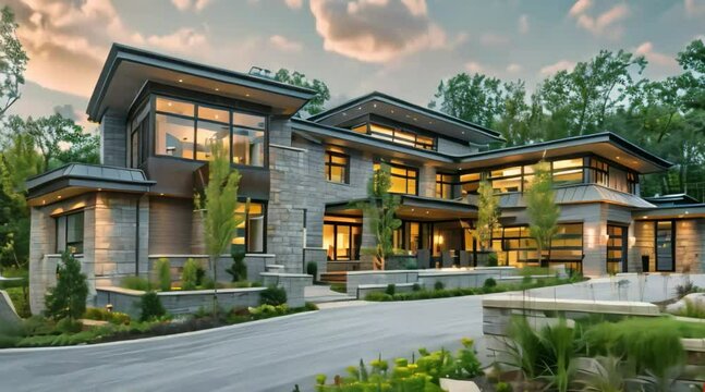 A contemporary luxury house with a blend of texture like stone cladding, wood accents and metal finishes.