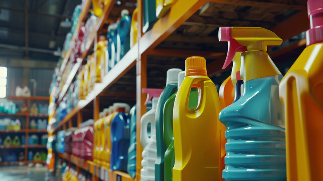Vibrant array of household cleaning products on well-stocked supermarket shelves.