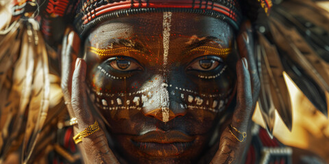 Obraz premium A solemn man wearing an ornate war bonnet gazes out, holding a staff with feathers, signifying strength and cultural heritage