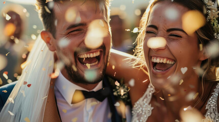 Caucasian happy romantic young couple celebrating their marriage. Generative AI - obrazy, fototapety, plakaty