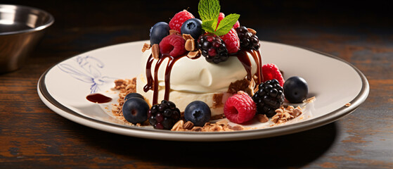 A white plate topped with desserts and berries on top