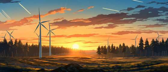 A wind farm at sunset with a few windmills - obrazy, fototapety, plakaty