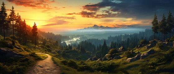 A winding road in the middle of a forest with a sunset