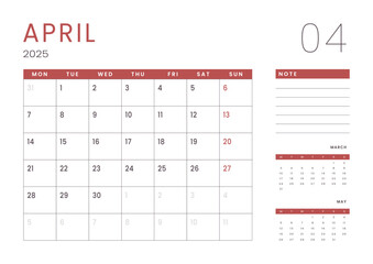 Monthly page Calendar Planner Templates of April 2025. Vector layout of simple calendar with week start Monday for print. Page for size A4 or 21x29.7 cm