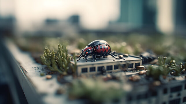 close-up of a ladybug on a switchboard in the grass