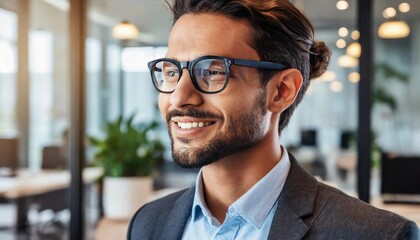 Obraz premium A suave Latino businessman commands the boardroom, embodying leadership and innovation in a sleek, modern office setting. 