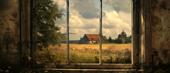 A window with a view of a field and a house. ..