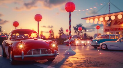 Car display with soft, dreamy lights and pastel colors at sunset. Friendly-looking cars shine under...