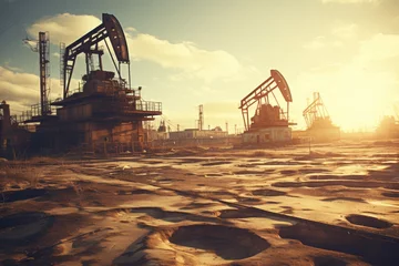 Zelfklevend Fotobehang Oil drilling derricks in the arid desert landscape exploration and extraction of fossil fuels © EduardSkorov
