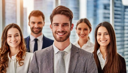 Fototapeta premium A cadre of entrepreneurs congregates, their collective smiles a testament to shared victories. Against the cityscape, they stand as architects of tomorrow. 