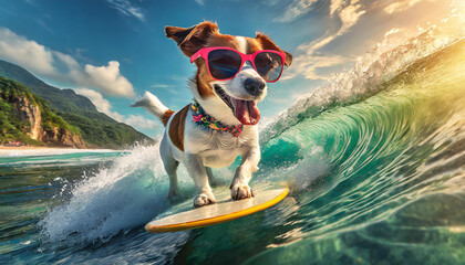 Dog surfing on a wave on ocean, sea on summer, vacation holidays concept - obrazy, fototapety, plakaty