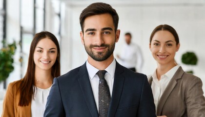 A businessman stands tall amidst sleek, modern office surroundings, exuding confidence and determination, embodying the essence of contemporary business excellence.
