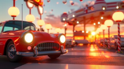 Car display with soft, dreamy lights and pastel colors at sunset. Friendly-looking cars shine under the warm glow of a setting sun.