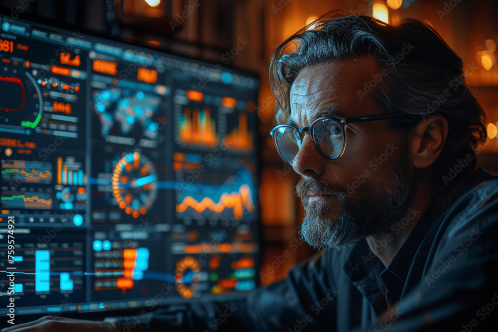 Poster a manager reviewing financial charts and graphs on a computer screen, emphasizing data-driven decisi