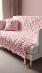 Handmade knit light pink cover of a couch 