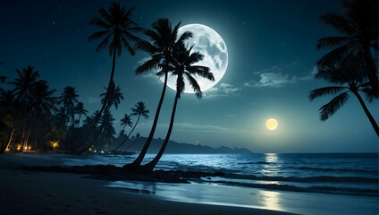 A serene beach scene under the light of a full moon, with the silhouette of palm trees swaying in the gentle breeze