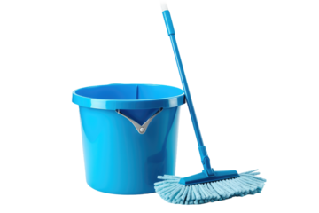 Blue Bucket and Mop on White Background. on a White or Clear Surface PNG Transparent Background.