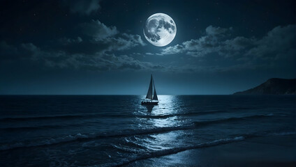 A serene coastal landscape at night, with a lone sailboat drifting peacefully on the moonlit horizon