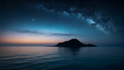 A serene seascape under a canopy of stars, with the silhouette of a distant island adding to the sense of mystery and wonder - obrazy, fototapety, plakaty