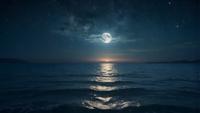 A serene photorealistic seascape under a star-studded night sky, with the moon casting a soft glow on the water