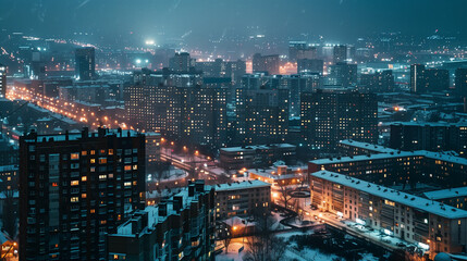 Winter Night Cityscape with Snow-Covered Streets - obrazy, fototapety, plakaty