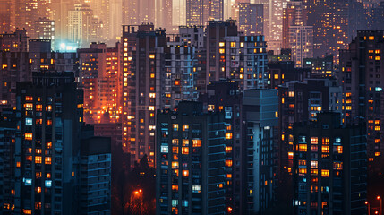 Fototapeta na wymiar Urban Twilight: Cityscape with Illuminated Windows