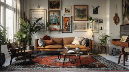 Cozy modern living room with an eclectic twist, showcasing mismatched furniture pieces, vintage rugs, and a gallery wall displaying an array of artwork