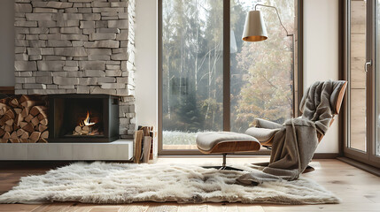 Cozy modern living room with a Scandinavian-inspired theme, showcasing a plush armchair, a faux fur rug, and a corner fireplace with stacked stone