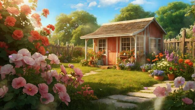 rural garden set among bright green plants and blooming flowers, cartoon or anime watercolor digital painting illustration style. seamless looping 4k video animation background.
