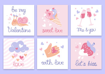 set of flat vector doodle cards for valentine's day