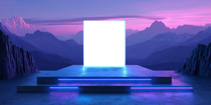 3d render, glowing neon square frame over the futuristic podium with mountains background