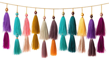 Line of Tassels Hanging From a String. on a White or Clear Surface PNG Transparent Background.