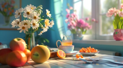 A table topped with fruit and flowers next to a window - obrazy, fototapety, plakaty