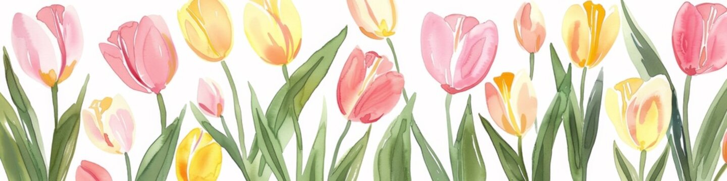 A painting of pink and yellow tulips on a white background