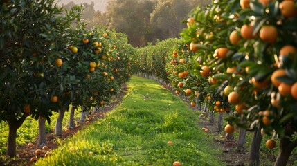 A row of orange trees with oranges growing on them