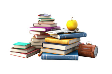 A Stack of Books With an Apple on Top. on a White or Clear Surface PNG Transparent Background.