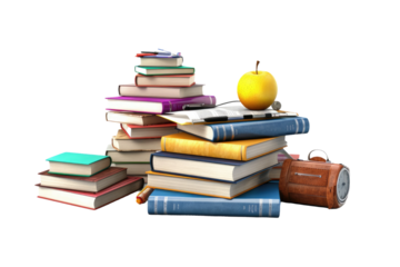 A Stack of Books With an Apple on Top. on a White or Clear Surface PNG Transparent Background.
