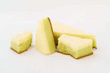 Matcha sandwich cake on white background
