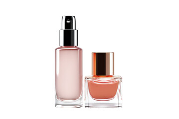 Perfume Bottle and Liquid Bottle Side by Side. on a White or Clear Surface PNG Transparent Background.